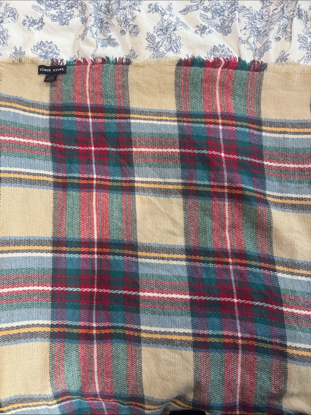 Black Rivet Beige Plaid Throw with Red and Green Stripes
